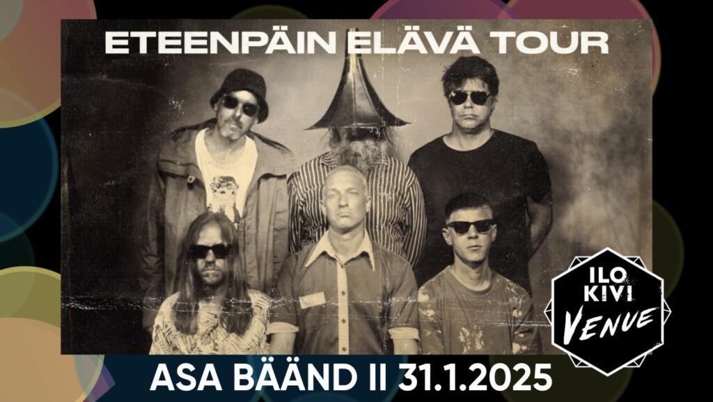 Eteenpäin elävä Tour Asa Bäänd II 31.1.2025. Kuvassa Asa Bäänd II kuvattuna mustavalkoiseen vanhanaikaiseen tyyliin.