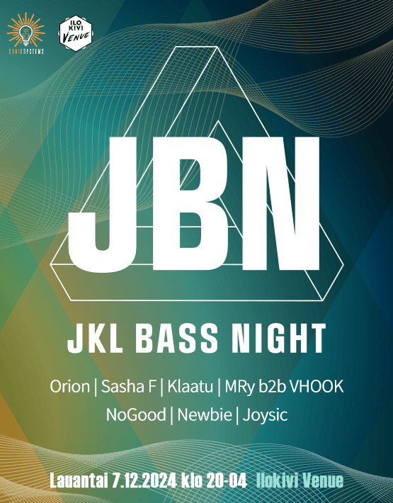 JBN logo vihreällä taustalla. Elektronisen musiikin tapahtuma JKL BASS NIGHT. Listattuna esiintyjät: Orion, SashaF, Klaatu, Mry, VHOOK, NoGood, NewB, Joysic. Lauantaina 14.12.2024 klo 20.00-04.00. Ilokivi Venue