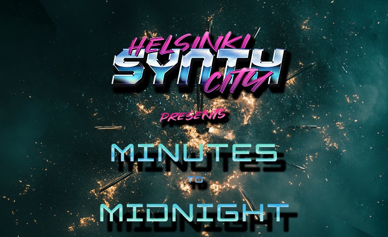 Logo Helsinki synth city presents Minutes to Mightnight futuristisesti tyylitelty teksti