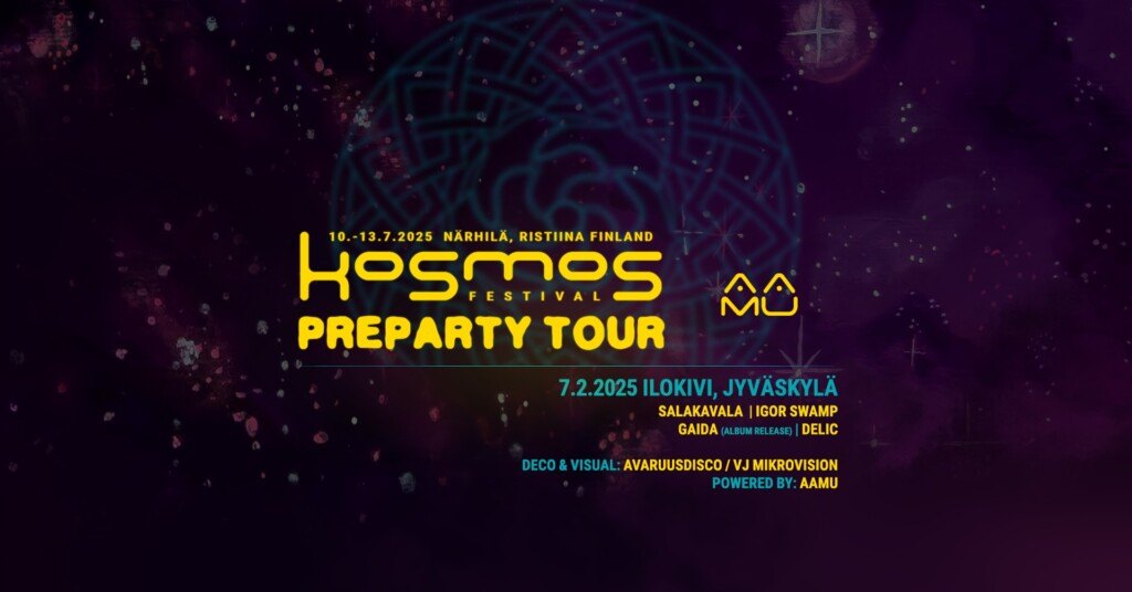 Kosmos preparty tour keltaista tekstiä, taustalla violetti tähtitaivas